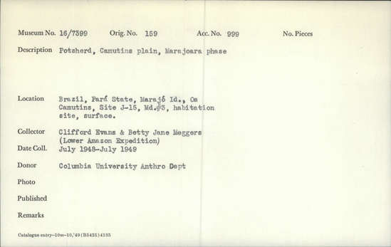 Documentation associated with Hearst Museum object titled Potsherds, accession number 16-7399, described as Potsherds, Camutins plain, Marajoara phase