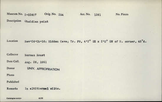 Documentation associated with Hearst Museum object titled Stone point, accession number 2-32607, described as Obsidian point.