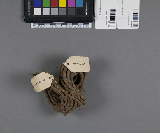 Hearst Museum object titled Rope, accession number 10-1564, described as Rope twisted from baliti? sarubang bast, tied to 10-1565 with nation strip