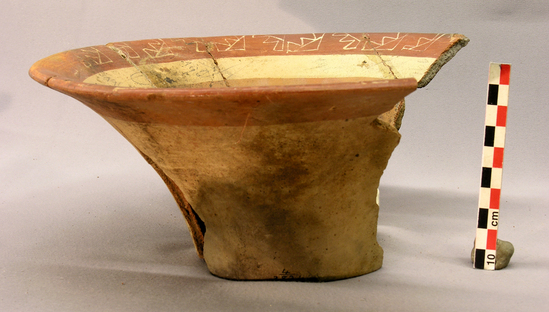 Hearst Museum object 2 of 4 titled Bowls, accession number 4-2824a, described as Flat-bottomed flaring bowl; red, with slight design in white