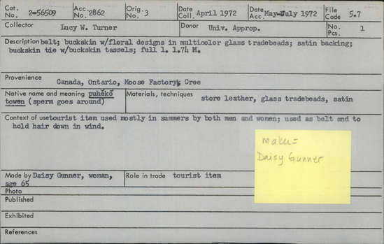 Documentation associated with Hearst Museum object titled Buckskin belt, accession number 2-56509, described as Belt; buckskin with floral designs in multicolor glass trade beads; satin backing; buckskin tie with buckskin tassels; full length 1.74 M.
