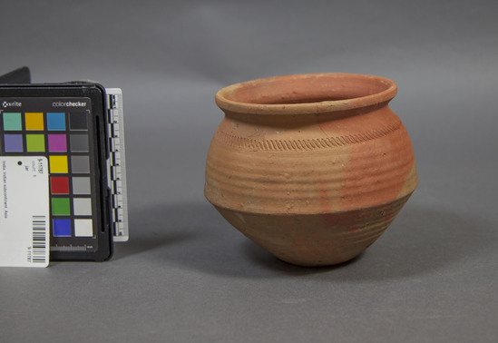 Hearst Museum object 2 of 2 titled Jar, accession number 9-11787, described as jar, clay;  band of diagonal slashes below rim;  reddish brown slip on part of upper half;  height 12 cm.