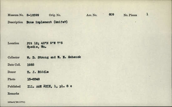 Documentation associated with Hearst Museum object titled Awl or spatula, accession number 2-12399, described as Bone implement.