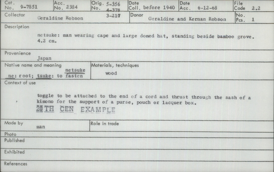 Documentation associated with Hearst Museum object titled Netsuke, accession number 9-7851, described as netsuke: man wearing cape and large domed hat, standing beside bamboo grove.