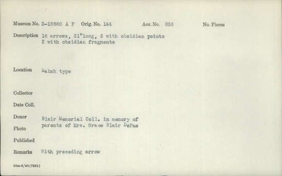 Documentation associated with Hearst Museum object titled Arrows, accession number 2-18860a-p, described as 3 with obsidian points, 2 with obsidian fragments.