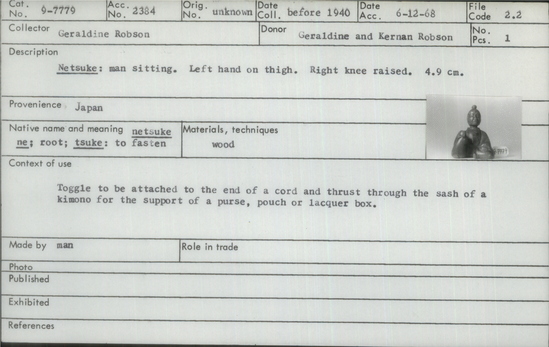 Documentation associated with Hearst Museum object titled Netsuke, accession number 9-7779, described as Netsuke: man sitting. Left hand on thigh. Right knee raised.