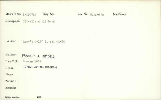 Documentation associated with Hearst Museum object titled Bead, accession number 1-196709, described as Olivella shell.