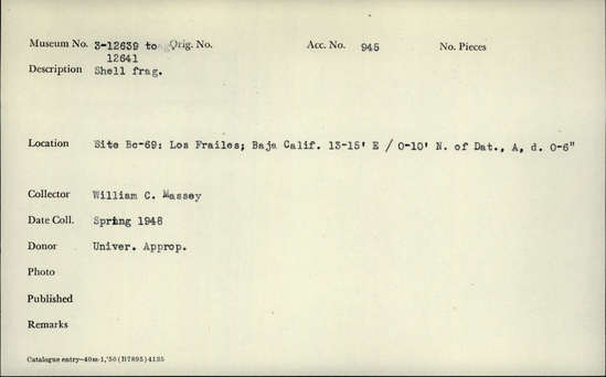 Documentation associated with Hearst Museum object titled Shell fragment, accession number 3-12640, described as Shell fragment.