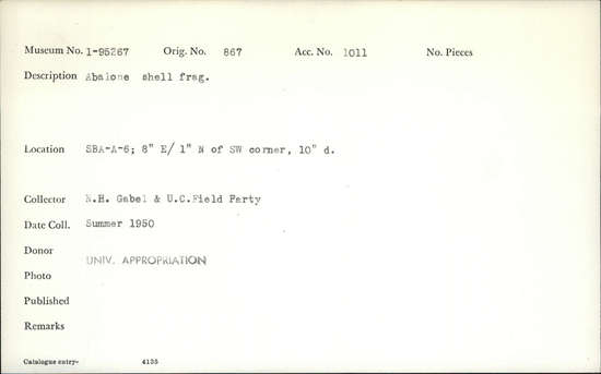 Documentation associated with Hearst Museum object titled Shell fragment, accession number 1-95267, described as Abalone.