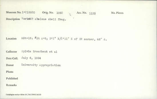 Documentation associated with Hearst Museum object titled Shell fragment, accession number 1-219920, described as Worked ? abalone shell fragment.