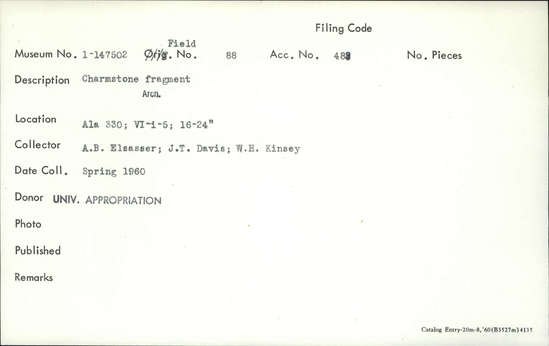 Documentation associated with Hearst Museum object titled Charmstone fragment, accession number 1-147502, described as Charmstone fragment.