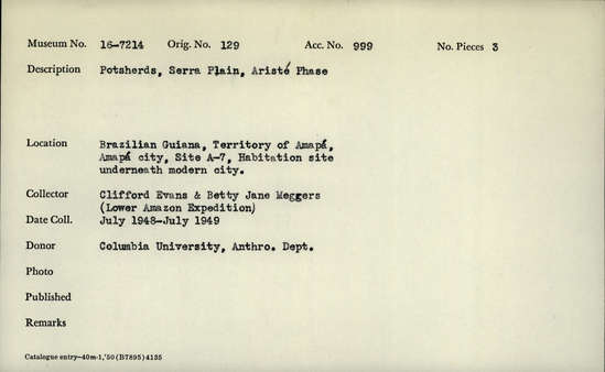 Documentation associated with Hearst Museum object titled Potsherds, accession number 16-7214, described as Potsherds, Serra plain