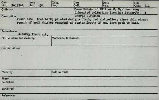 Documentation associated with Hearst Museum object titled Visor hat, accession number 2-19164, described as Visor hat. Tree bark, painted designs in black, red and yellow; sinew chin strap; remnant of seal whisker ornament at center front.