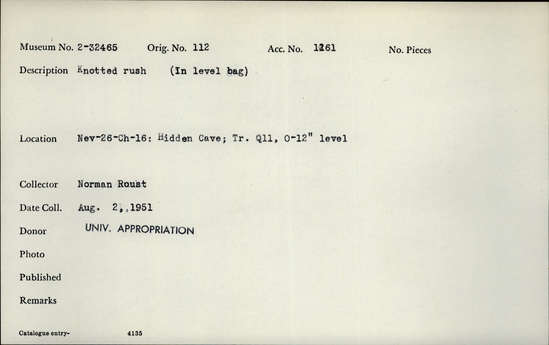 Documentation associated with Hearst Museum object titled Fiber knot, accession number 2-32465, described as Knotted rush. (In level bag).