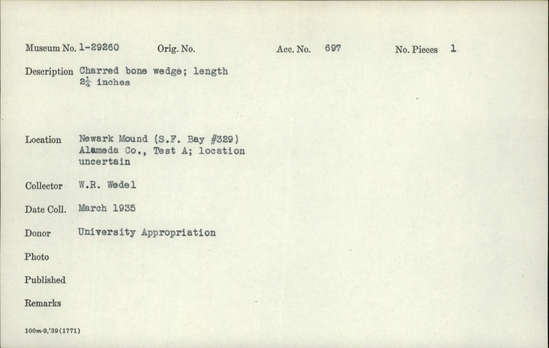 Documentation associated with Hearst Museum object titled Wedge, accession number 1-29260, described as Bone; charred.