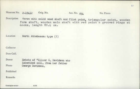 Documentation associated with Hearst Museum object titled Arrow, accession number 2-19412, described as Arrow with solid wood shaft and flint point, triangular point, wooden foreshaft, wooden main shaft with red paint and grooved rings at nocks.