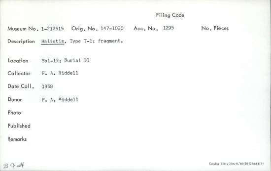 Documentation associated with Hearst Museum object titled Worked shell, accession number 1-212515, described as Haliotis shell fragment, Type T-1.