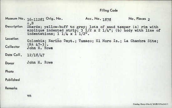 Documentation associated with Hearst Museum object titled Potsherd, accession number 16-11281b, no description available.