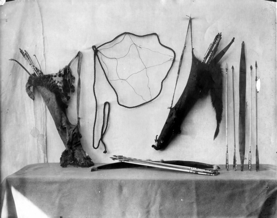 Hearst Museum object titled Photographic print, accession number 13-171, described as Deer snare, bows, and arrows from Indian called Hubos at Katimin village