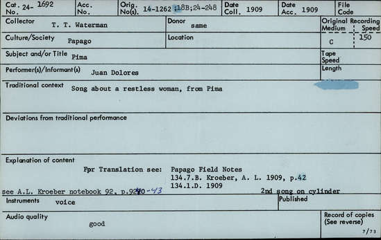 Documentation associated with Hearst Museum object titled Audio recording, accession number 24-1692, described as Song about Restless Women, from Pima