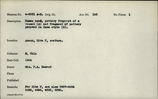 Documentation associated with Hearst Museum object titled Vessel fragment, accession number 4-6331b, no description available.