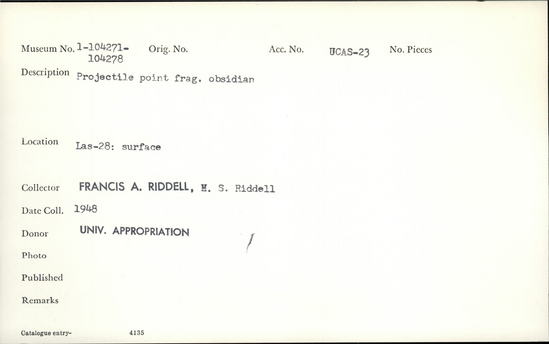 Documentation associated with Hearst Museum object titled Projectile point fragment, accession number 1-104276, described as Obsidian.
