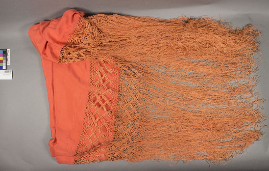 Hearst Museum object titled Shawl, accession number 7-10167, described as rectangular, orange silk shawl, with hand knotted orange fringe on all 4 sides, c. 1925