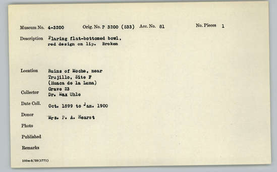 Documentation associated with Hearst Museum object titled Broken bowl, accession number 4-3200, described as Flaring flat-bottomed bowl, red design on lip. Broken