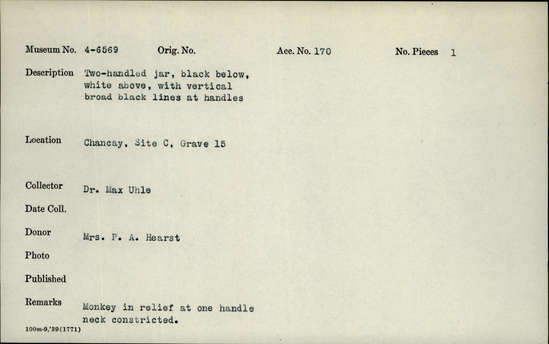 Documentation associated with Hearst Museum object titled Jar, accession number 4-6569, no description available.