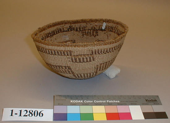 Hearst Museum object titled Food basket, accession number 1-12806, described as Food basket; twined. Warp is twisted Tule (Schoenoplectus acutus), weft is twisted Tule, Nettle (Urtica), and Cattail (Typha latifolia). Black pattern is Tule root. Brown dye is aged Tule skin (split).