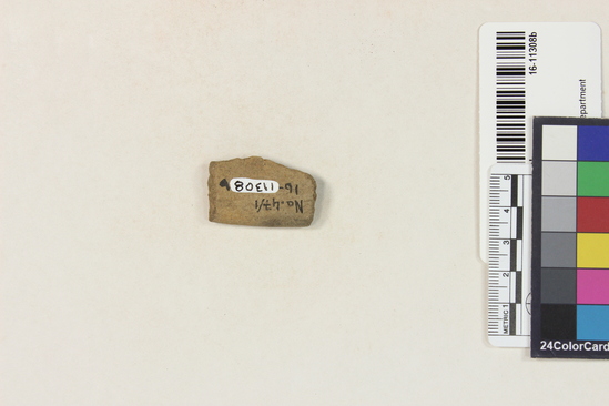 Hearst Museum object titled Potsherd, accession number 16-11308b, described as Sherds; thick, gray-yellow, soft, medium temper; brushed or wiped finish; 2 rim, 1 with traces of red; 1 body on rim that had an applique strip.