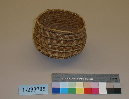 Hearst Museum object titled Basket, accession number 1-233705, described as Globular, "fancy" twined.  Warp is hazel shoot, weft is pine root.  2 overlays: Xerophyllum tenax (light) and Woodwardia fern (darker).  6 horizontal bands have overlay of maidenhair fern.  Each band has triangular motif design.