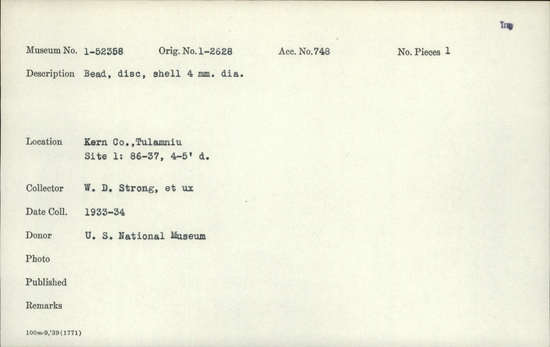 Documentation associated with Hearst Museum object titled Bead, accession number 1-52358, described as Disc, shell.