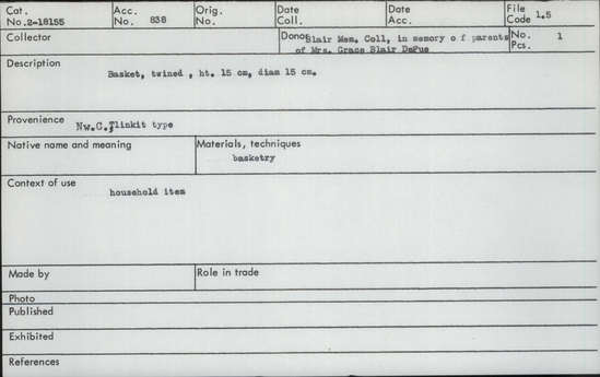 Documentation associated with Hearst Museum object titled Basket, accession number 2-18155, described as Twined.