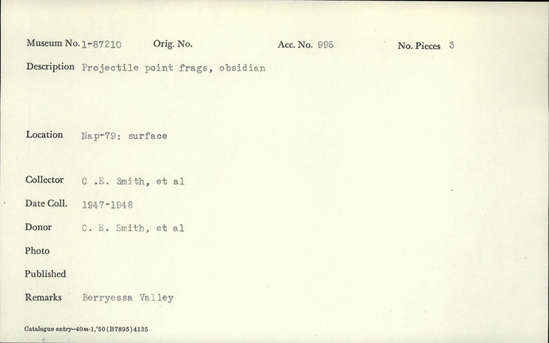 Documentation associated with Hearst Museum object titled Projectile point fragments, accession number 1-87210, described as projectile point fragments, obsidian