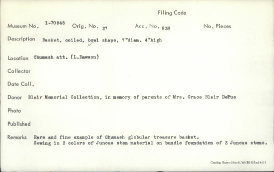 Documentation associated with Hearst Museum object titled Basket, accession number 1-70545, described as Ledger: Coiled basket, bowl shape. Yokuts or Shoshonian design in Yucca root and Matynia. This is 1-70545 based upon ledger description. Per Ralph Shanks:  Basket bowl with outward sloping sides.  Kawaiisu based on the use of the “butterfly stitch".  Coiled on deer grass bundle foundation.  Background is willow.   5 stepped designs in Joshua tree root.  Pin hole start.  Rim is broken.  Rightward warp direction.  Most baskets like this were made by the Butterbread Family of Kawaiisu.  See Maurice Zigmond in Journal of Anthropology Winter 1978 Kawaiisu Basketry.  Has number 1-7054 on paper tag and 27 on tin tag.