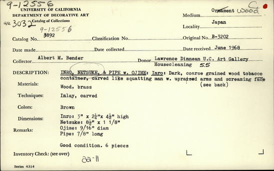 Documentation associated with Hearst Museum object titled Tobacco case, accession number 9-12556a-f, described as Tobacco case, pipeholder, pipe, and ojime: The case (a) is carved wood, stained dark.  Flat bottom, oval shape, to depict man.  Arms attached of blonder wood, upraised over head.  Hands grasp cord.  Oval inlay missing, below face.  Wood ‘pipe’ inlaid next to it.  The face (b) carved separately, forms lid and is hinged by the cord.  Carved from the blonde wood mouth is opened, glass eyes.  Pipe holder (c) is a cylinder sheath with lid of carved wood.  Incised decorartions.  1 side: dragon amid clouds, other side: simulated wood grain.  Pipe (e) within of bamboo stem, and brass bowl and mouth piece.  Ojime (f) mold formed lacquer bead with depiction of 2 men and building.
