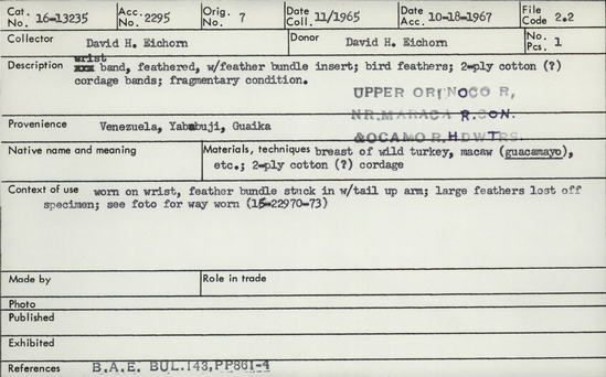 Documentation associated with Hearst Museum object titled Wristband, accession number 16-13235, described as Wristband, feathered, with feather bundle inset. Feathers are from a bird. 2-ply cotton cordage bands. Fragmentary condition.