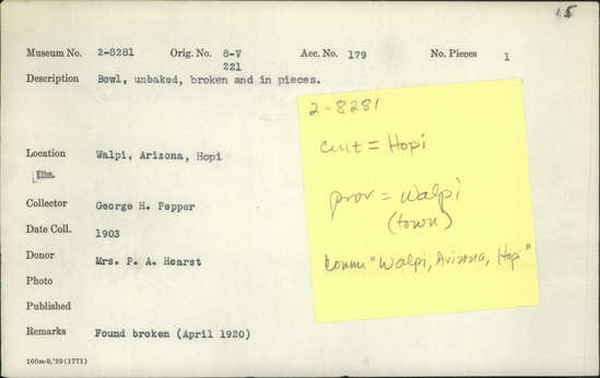 Documentation associated with Hearst Museum object titled Bowl, accession number 2-8281, described as Bowl, unbaked, broken and in pieces. Remarks: Found broken (April 1920)