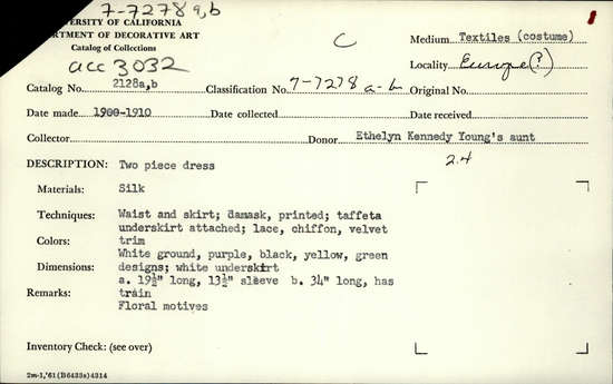 Documentation associated with Hearst Museum object titled Bodice and skirt, accession number 7-7278a,b, described as Dress made of two pieces in silk. Waist and skirt are printed damask, taffeta underskirt with lace, chiffon and velvet trim. White ground with purple, black, yellow and green designs and a white underskirt. Floral motifs. a.) bodice - dips to 'v' in center front, boning in front and back. Hish neckline tulle and silk chiffon, violet silk, velvet ribbon edge (2 bands 5/8") with embroideredwith white small twist thread. Cream silk, printed in yelloe, breen, purples, floral pattern of roses, buds, violets, leaves, stems. Black dots large at bottom of pattern, smaller and dispersed at top. Full 3/4" trimmed with eggshell chiffon. Center bodice of chiffon, large pieces of hand-made pillow lace. Applique black lace motif resembling grapes on either breast. Fastened in back with silver-colored hooks and eyes. Piped waist, ruffle of lace goes over the shoulders (like a pinafore). 4 appliqued violet flower scattered on bodice.  b.) skirt- same printed fabric, lace appliques 8-10" above hem, goes around skirt with pennant of crew lace and medallion of crew lace, edged on bottom with scallop of black lace. (4 in total). Pleated front, loose pleats about 1/2" deep int o center.  4 lace appliques down front (2 large 2 small) and black grape-like motifs. Lined in weighted silk taffeta. Knotted bow with 4 streamers in silk chiffon at center back. 3 hooks in waist to fasten skirt to bodice. Hem lined with satin ribbon (cream) to protect hem from wear. Lining has 2 deep flounces trimmed with small ruffle of taffeta.