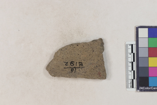 Hearst Museum object 47 of 183 titled Potsherd, accession number 16-8192, described as Potsherd: bodys Section of Manta on beach currently inhabited. Numbers  8111 to 8194 are sherds picked up on beach at low tide.