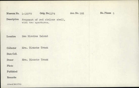 Documentation associated with Hearst Museum object titled Shell fragment, accession number 1-16079, described as Of red abalone, with two apertures.