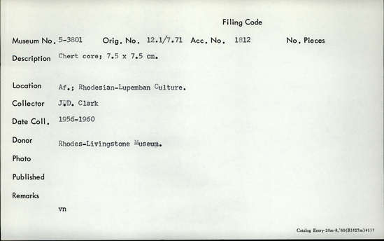 Documentation associated with Hearst Museum object titled Core, accession number 5-3801, described as Chert core; 7.5 x 7.5 cm.