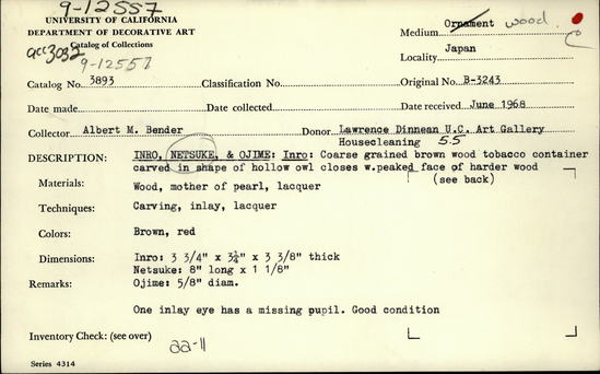 Documentation associated with Hearst Museum object titled Tobacco case, accession number 9-12557a-d, described as Tobacco case, pipe holder, and ojime: The tobacco case (a) is of soft, coarse grained dark brown wood carved to resemble an owl.  Wings in relief, feathers incised.  The rest is smooth and simple.  Bottom flat, portion cut out and reglued to facilitate the hollowing out of the interior.  The face (b) is of lighter, harder wood, serves as ‘lid’, hinged by the cord.  Prominent beak, inlaid mother of pearl eyes, gouged lines representing feathers.  The pipe holder (c) is carved of dark wood in form of standing man with arms stretched above head, mouth agape.  Back side hollowed out.  Key hole in base.  The ojime (d) is of red, mold formed lacquer, design depicting phoenix and lion-dog (shishi).