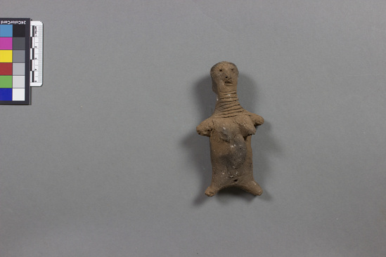 Hearst Museum object titled Figurine, accession number 5-4708, described as Rough pottery figurine; female, probably pregnant; ht. 11 cm.