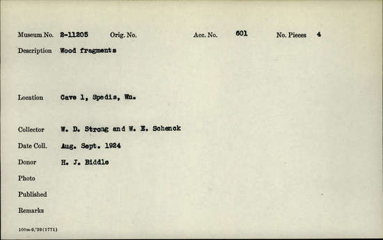 Documentation associated with Hearst Museum object titled Wood fragments, accession number 2-11205, described as Four wood fragments and faunal remain.