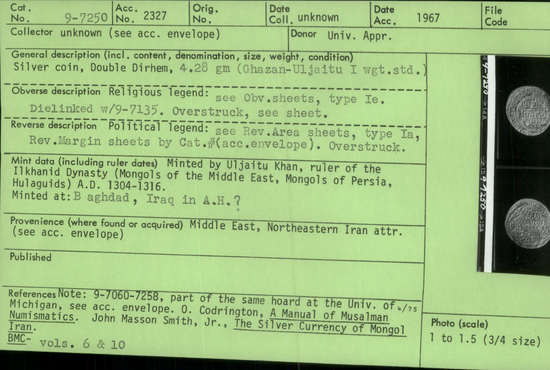 Documentation associated with Hearst Museum object titled Coin: ar double dirhem, accession number 9-7250, described as Silver coin, Double Dirhem, 4.28 gm (Ghazan-Uljaitu I wgt. std.);  Obverse: Dielinked with 9-7135. Overstruck Minted by Uljaitu Khan, ruler of the Ilkhanid Dynasty (Mongols of the Middle East, Mongols of Persia, Hulaguids) A.D. 1304-1316; Minted at: Baghdad, Iran in A.H. ?