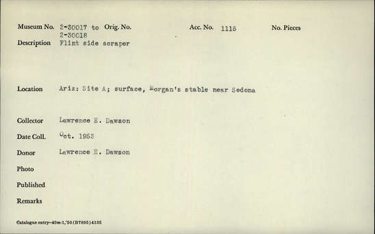 Documentation associated with Hearst Museum object titled Side scraper, accession number 2-30018, described as Flint side scraper.