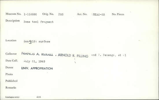 Documentation associated with Hearst Museum object titled Worked bone, accession number 1-116590, described as Bone