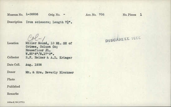 Documentation associated with Hearst Museum object titled Scissors, accession number 1-38286, described as Iron.